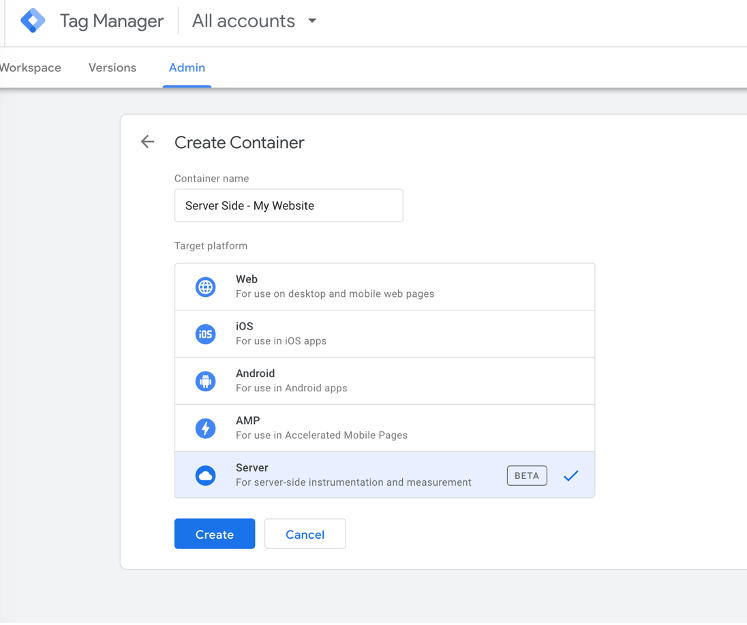 Screen shot showing server-side container setup for GTM